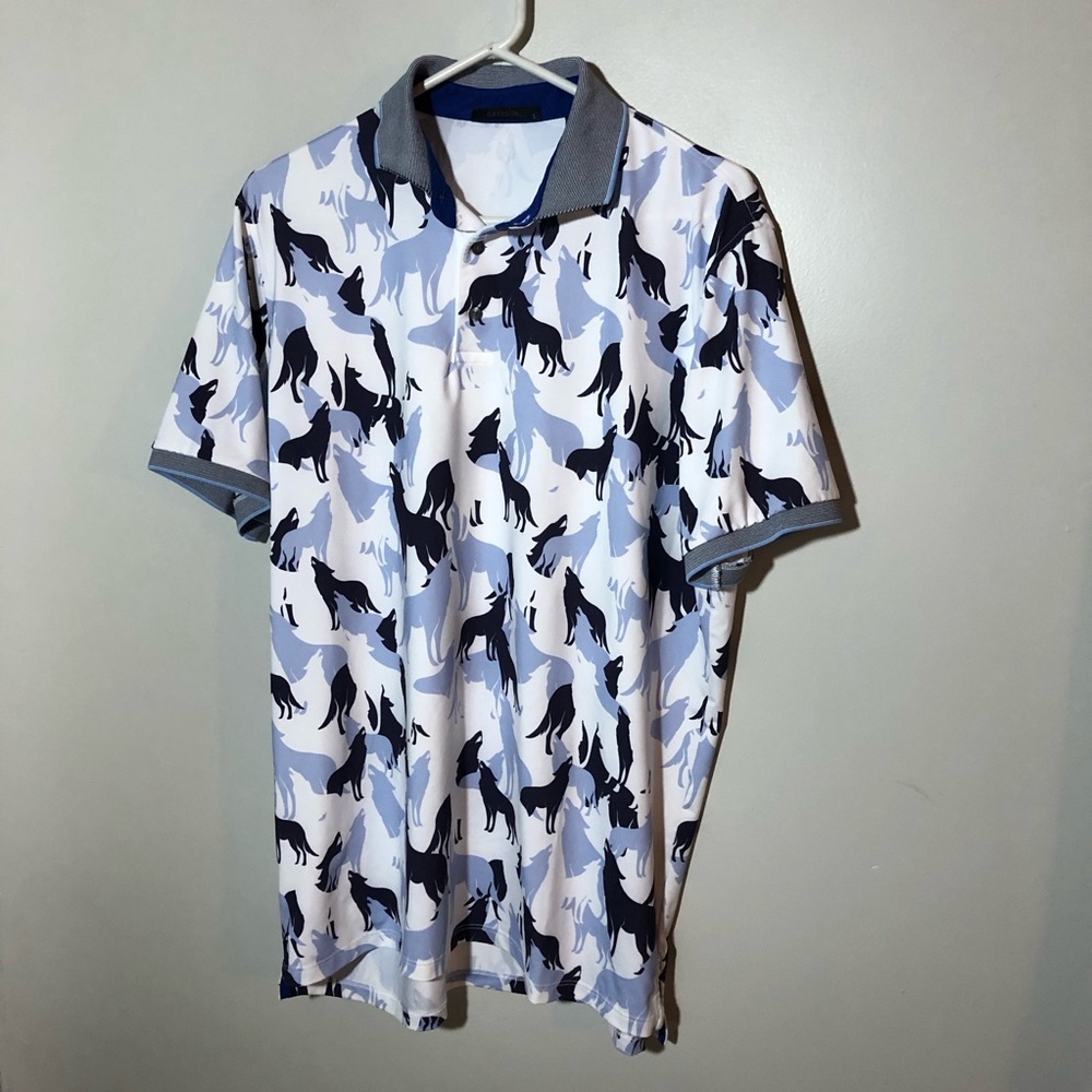 Greyson In The Shadows polo all-over howling wolf print striped collar mens L